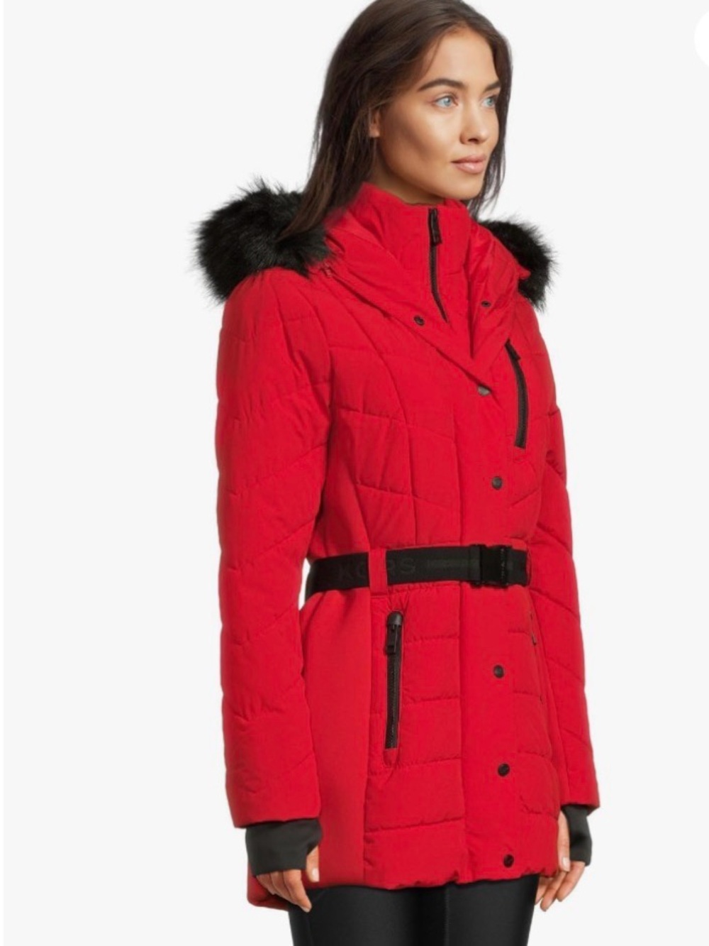 NWT Michael Kors Red Puffer Detachable Faux Fur Trim Belted Hooded Jacket Sz M